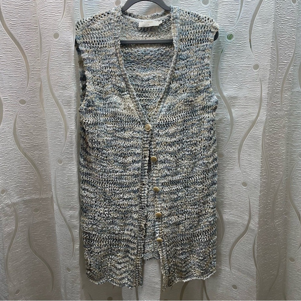 Cream Knit Crochet Long‎ Vest Cardigan Open Front Button Up Tan Blue Ivory L